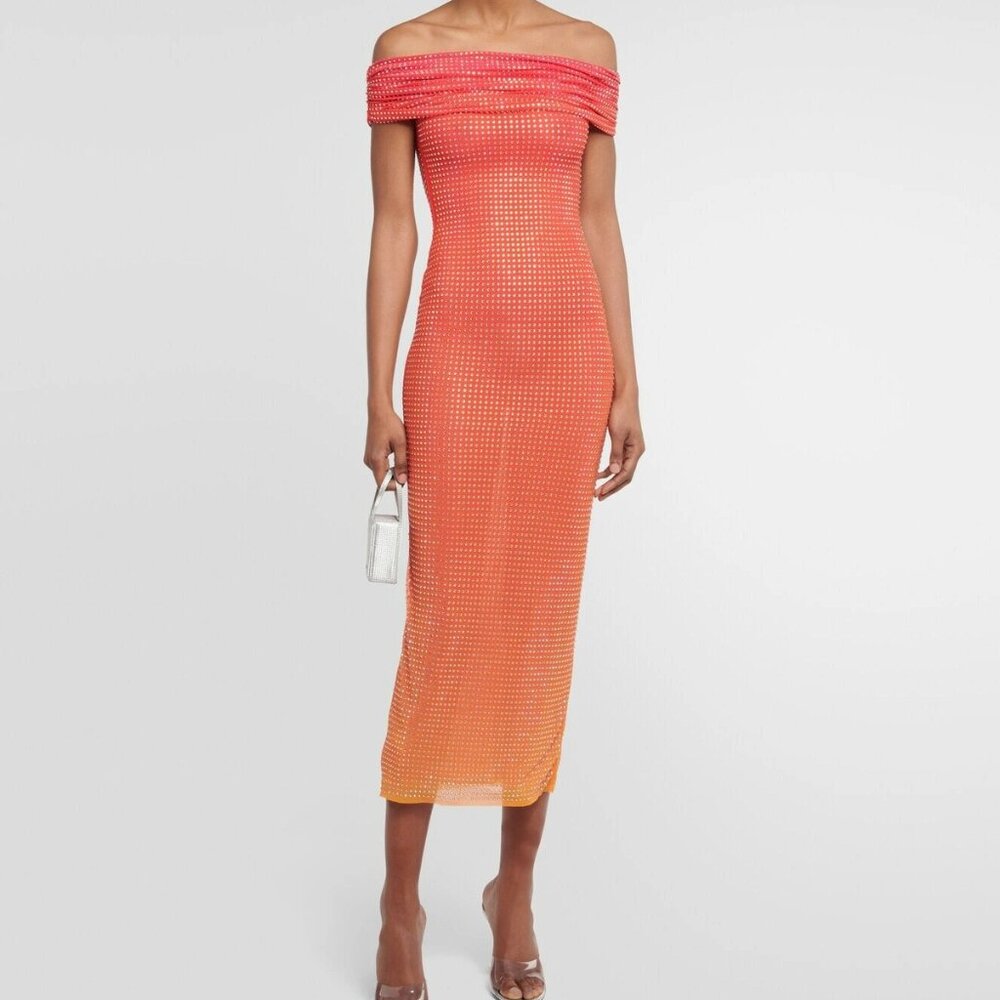 Self-Portrait Red and Orange Off-Shoulder Midi Dress